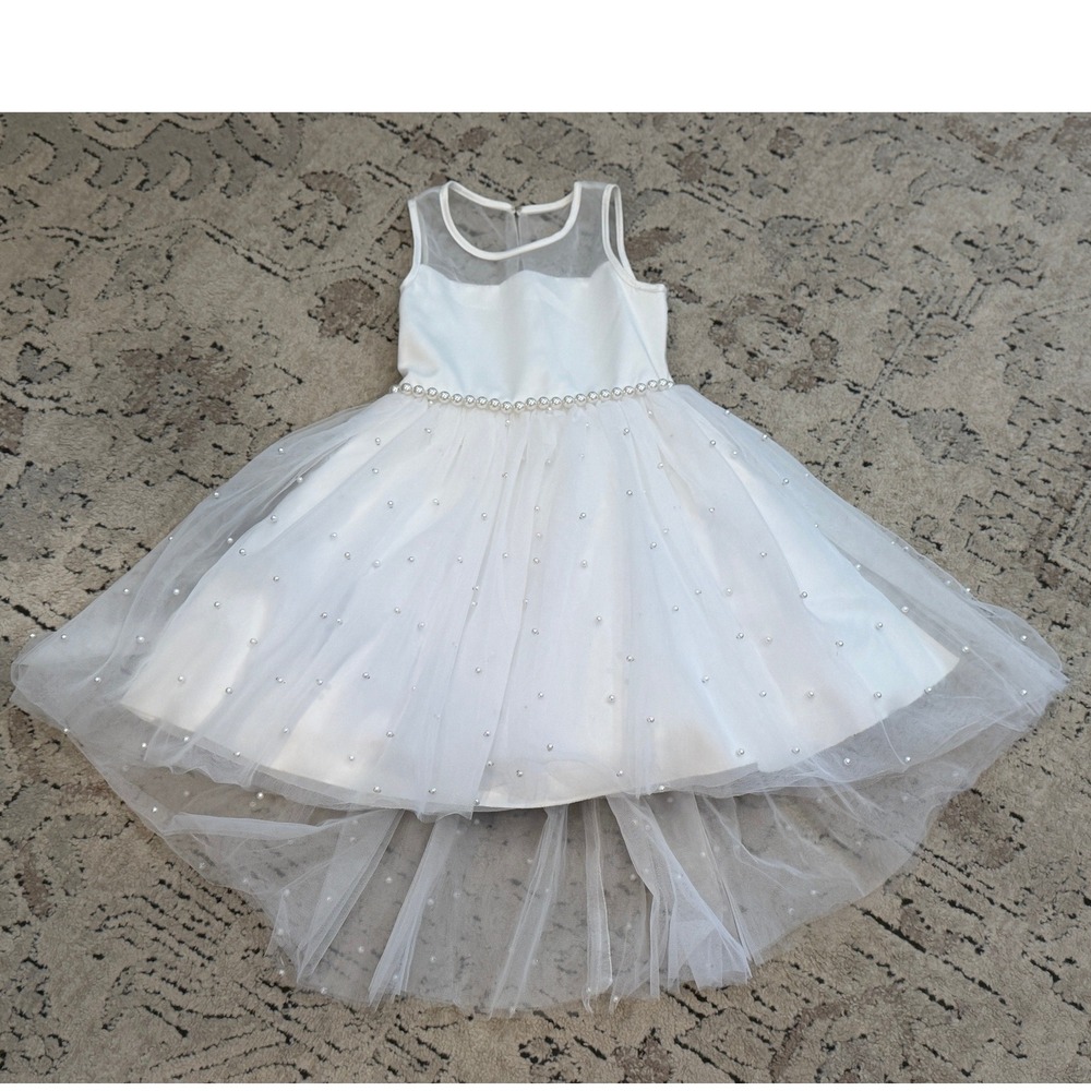 White Tulle Pearl Embellished Flower Girl Dress Sleeveless Wedding Communion